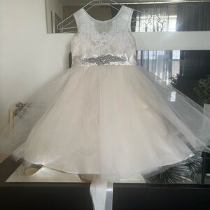 Charming Ivory Lace Kids Dress with Embellished Waist